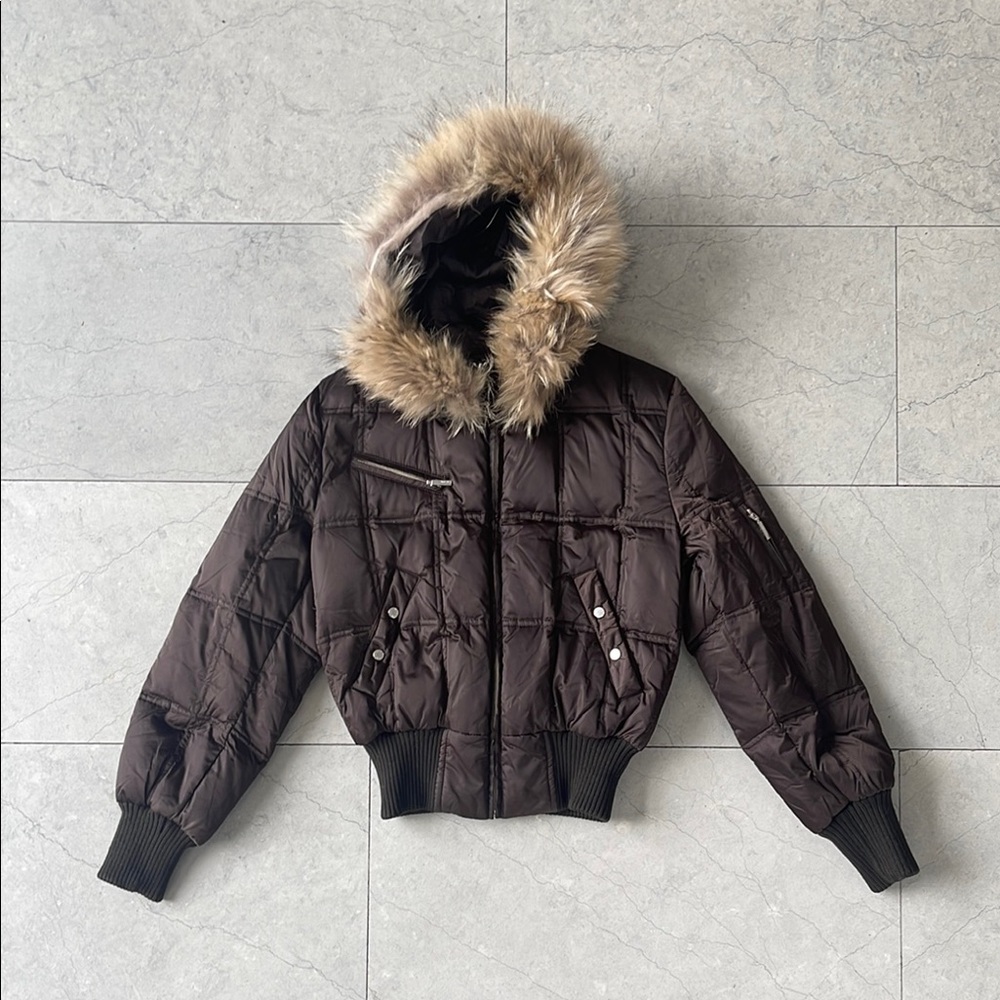 Brown Cropped Puffer Jacket w/ Removable Real Fur Hood